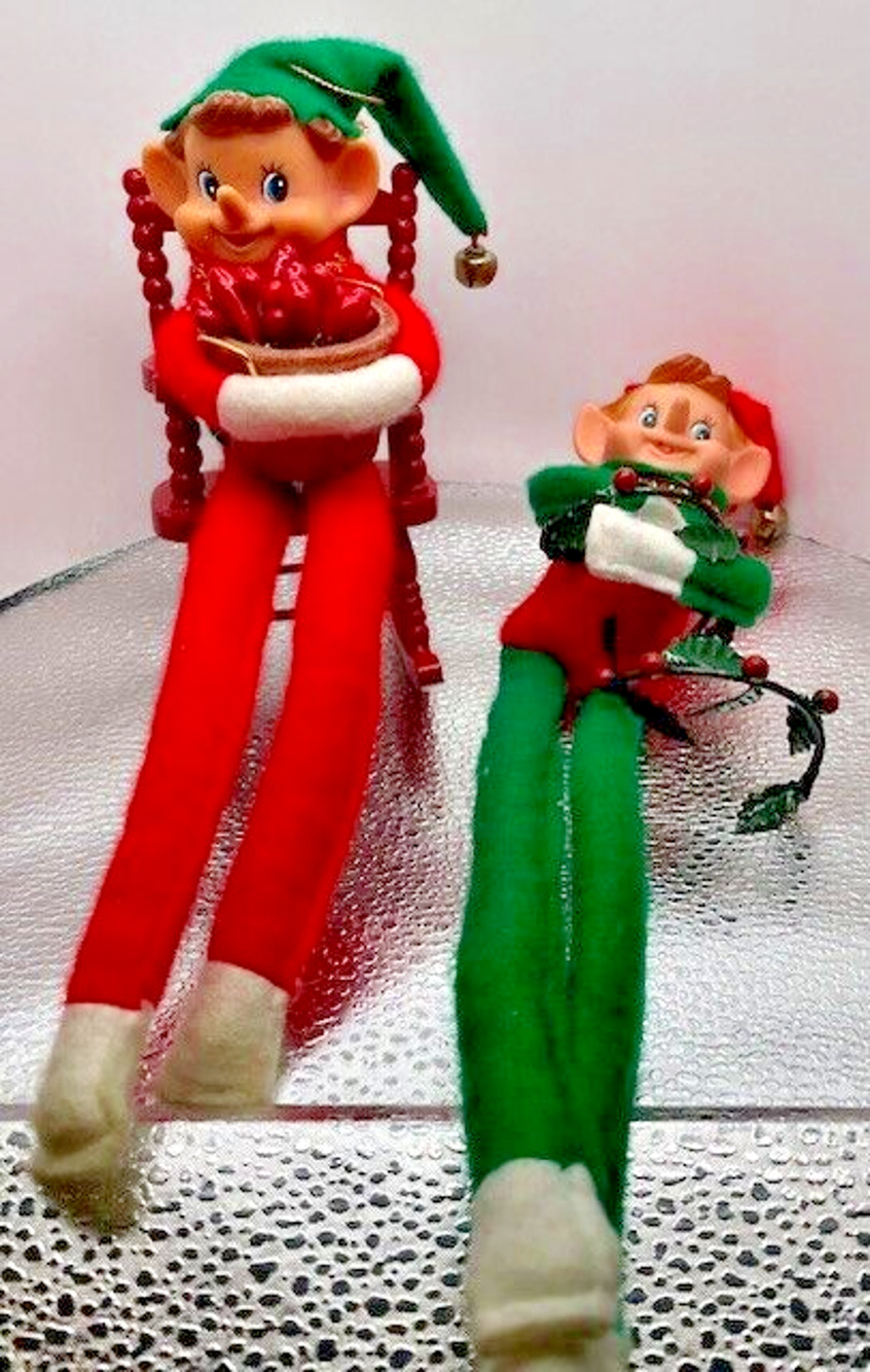 Vintage Pixie Elf Knee Hugger Plastic Face Christmas Shelf Sitters Lot of 2